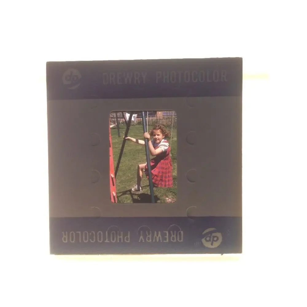 Vintage 1940s Kodachrome Girl Red Plaid Dress Swing Set Photograph Color Slide
